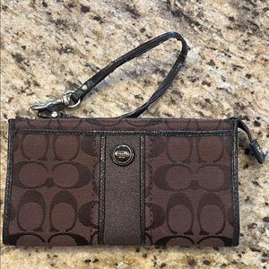 Coach Signature Stripe Brown Zip Top Wristlet Wallet -